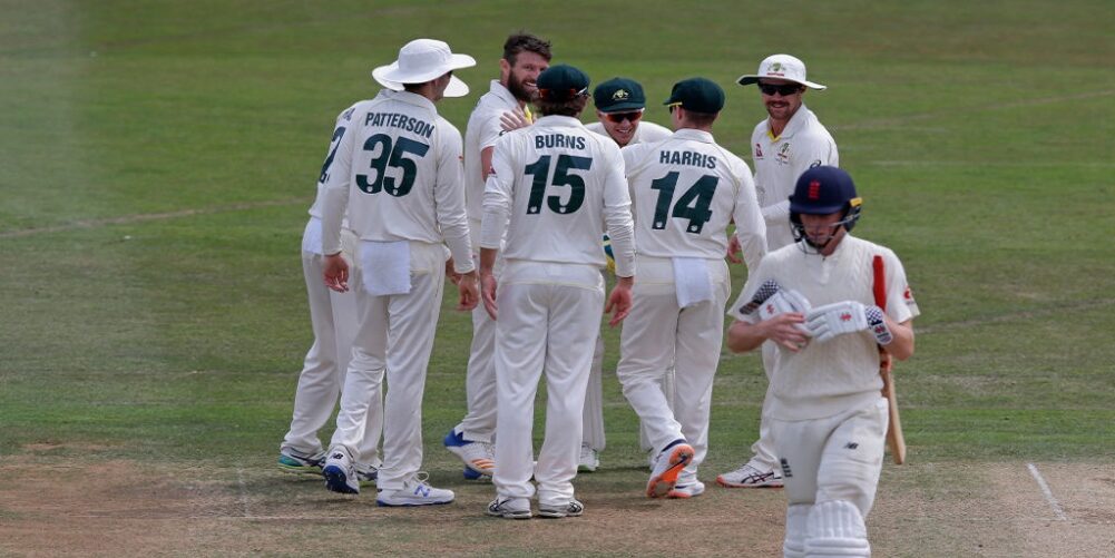 Australia A celebrate wicket of Zak Crawley in their numbered shirts