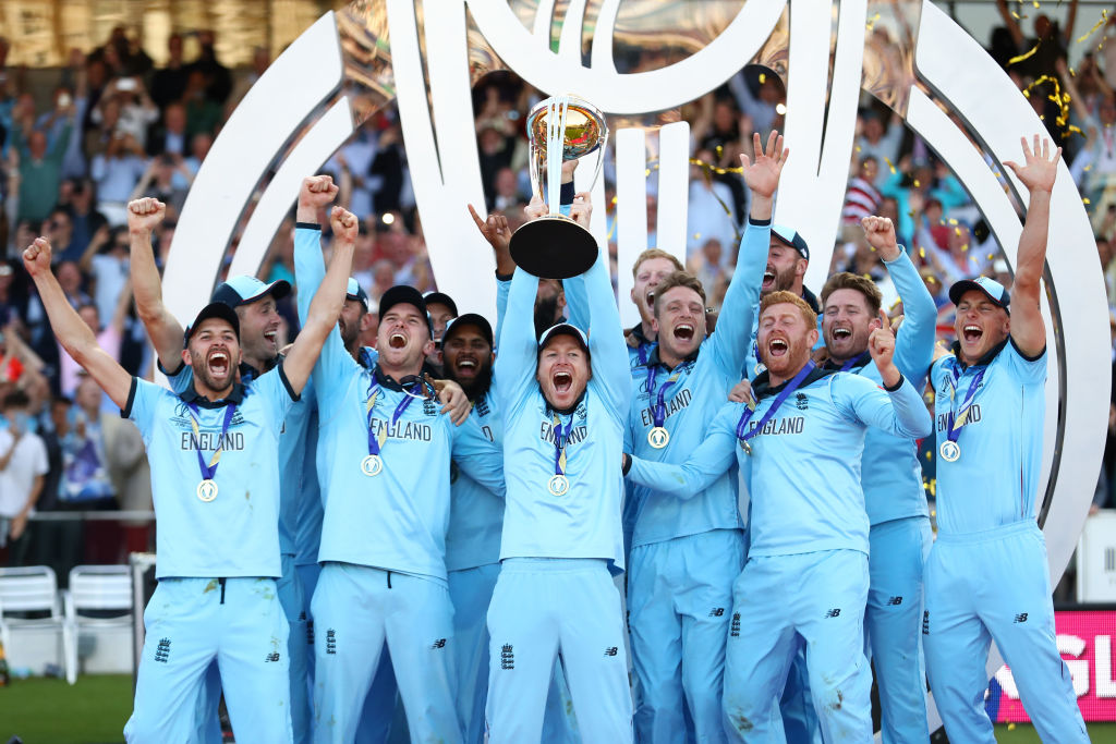 England celebrate lifting their first ever Men's Cricket World Cup Trophy