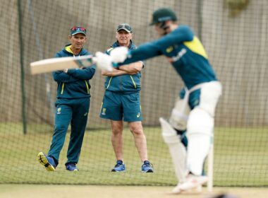 Justin Langer watches on as the Australian team are in the nets