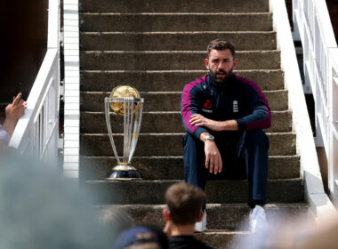 Liam Plunkett sits next to World Cup Trophy