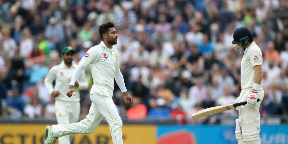 Mohammad Amir celebrates the wicket of Joe Root during his post-ban spell in Test Cricket.