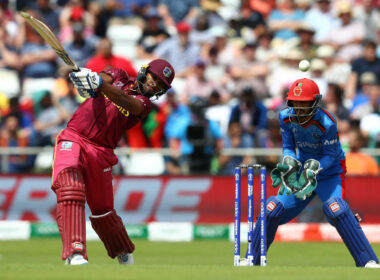 Nicholas Pooran hits a lofted shot for West Indies against Afghanistan in the World Cup