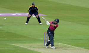 Northamptonshire opener Ricardo Vasconcelos pulling the ball away for four runs