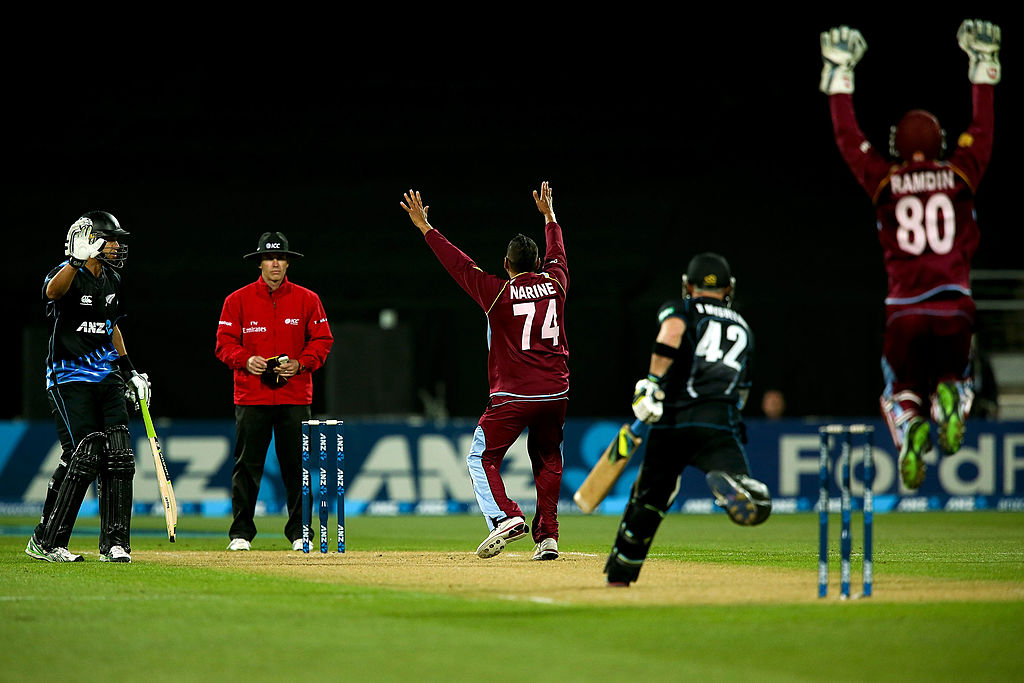 Sunil Narine, in West Indies colours, appeals for an LBW