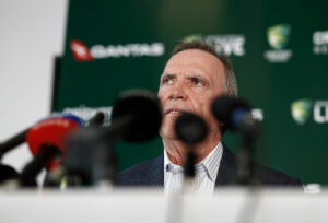 Trevor Hohns addresses the press after annoucing Australia's squad for The Ashes