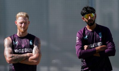 Ben Stokes and Shoaib Bashir stand during an England nets session at The Gabba
