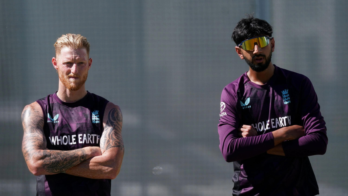 Ben Stokes and Shoaib Bashir stand during an England nets session at The Gabba