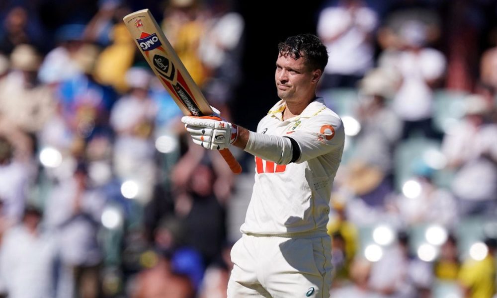 Australia’s Alex Carey celebrates reaching his century on day one of the third Ashes Test in Adelaide