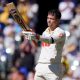 Australia’s Alex Carey celebrates reaching his century on day one of the third Ashes Test in Adelaide