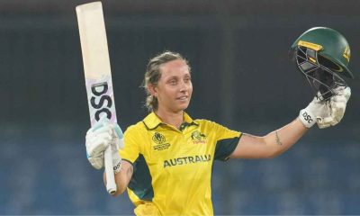 Australia’s Ashleigh Gardner celebrates her century against England at the Women’s Cricket World Cup