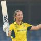Australia’s Ashleigh Gardner celebrates her century against England at the Women’s Cricket World Cup