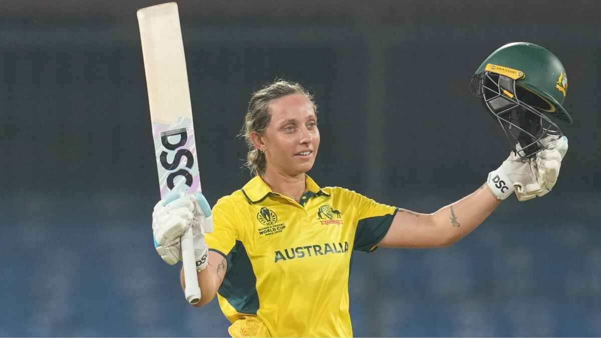 Australia’s Ashleigh Gardner celebrates her century against England at the Women’s Cricket World Cup