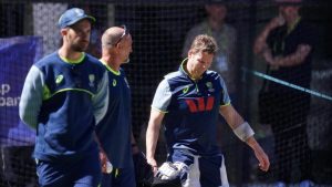Australia’s Steve Smith looks in pain after being hit by a ball during a nets session