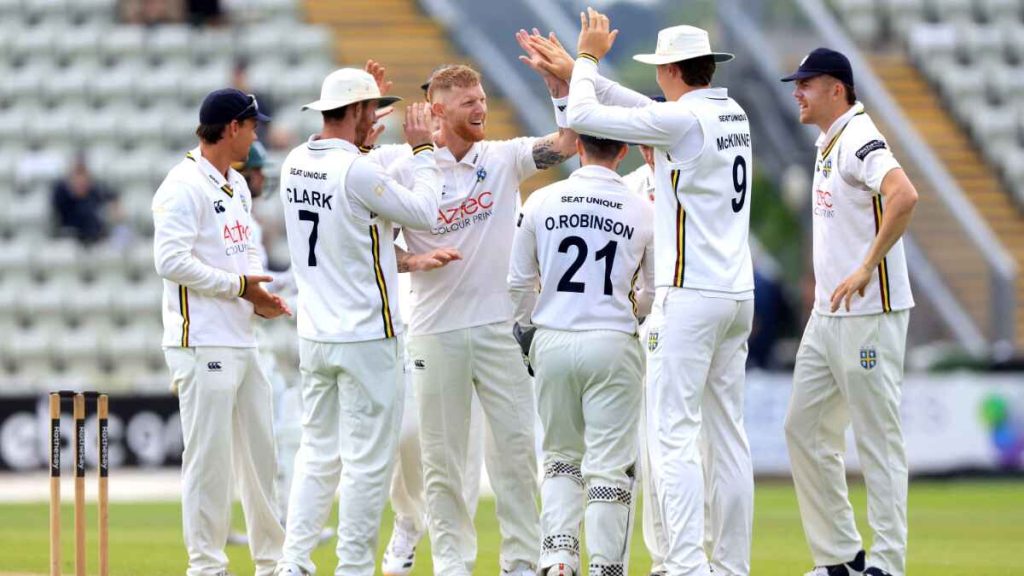Ben Stokes, centre, celebrates the wicket of Worcestershire&rsquo;s Daniel Lategan, not pictured