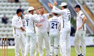 Ben Stokes, centre, celebrates the wicket of Worcestershire’s Daniel Lategan, not pictured