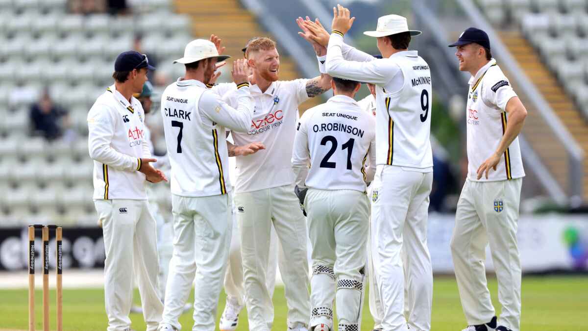 Ben Stokes, centre, celebrates the wicket of Worcestershire’s Daniel Lategan, not pictured