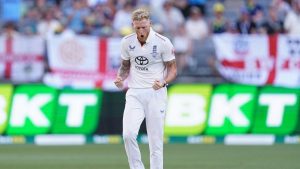 England’s Ben Stokes celebrates taking the wicket of Australia’s Mitchell Starc