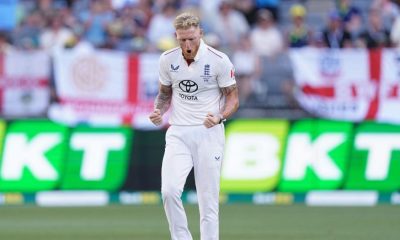 England’s Ben Stokes celebrates taking the wicket of Australia’s Mitchell Starc