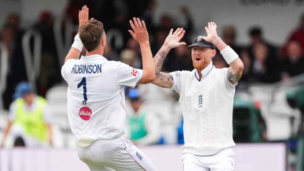 Ollie Robinson (left) celebrates one of seven wicket’s at Lord’s.