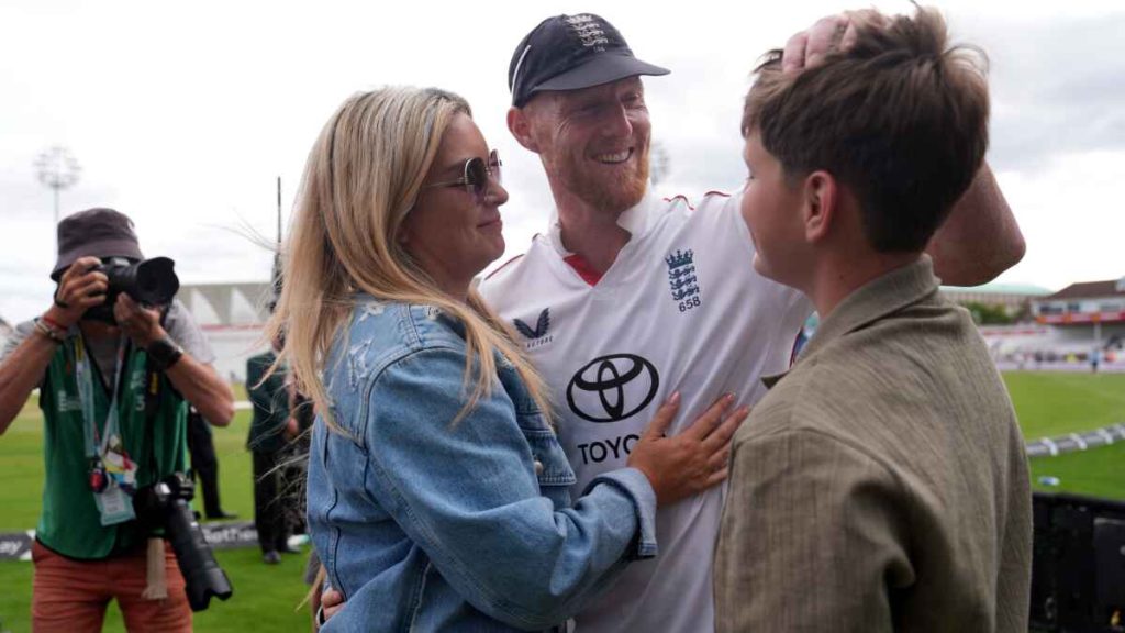 Ben Stokes with his wife Claire and son Leyton after Sunday’s action at Trent Bridge
