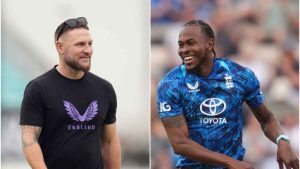 Composite image of England coach Brendon McCullum, left, and bowler Jofra Archer
