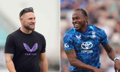 Composite image of England coach Brendon McCullum, left, and bowler Jofra Archer