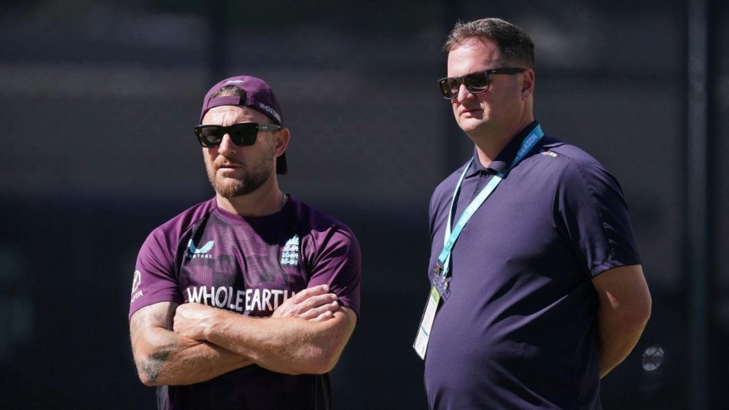 Brendon McCullum (left) and Rob Key (right) watching England at practice.