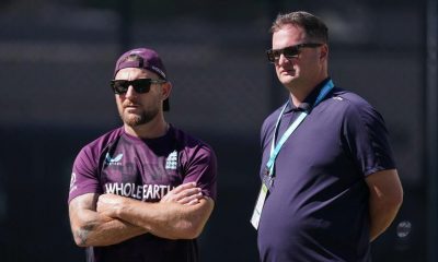 Brendon McCullum (left) and Rob Key (right) watching England at practice.