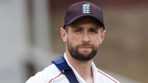 Chris Woakes with his arm in a sling