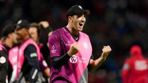 Somerset's Craig Overton celebrates a win in the Vitality Blast