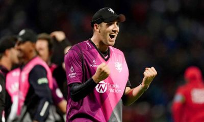 Somerset's Craig Overton celebrates a win in the Vitality Blast