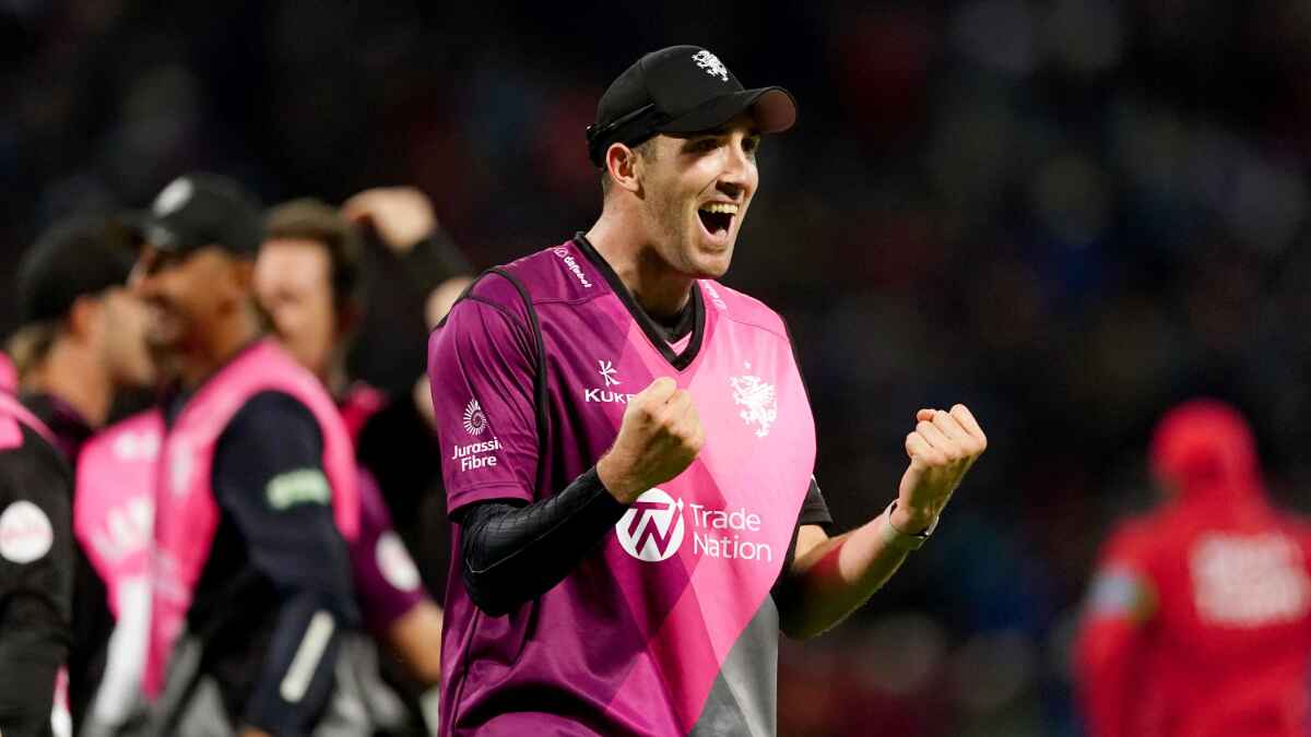 Somerset's Craig Overton celebrates a win in the Vitality Blast