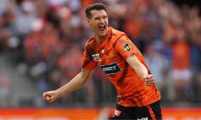 Perth Scorchers’ David Payne celebrates the wicket of Moises Henriques of the Sydney Sixers during the 2025 BBL final