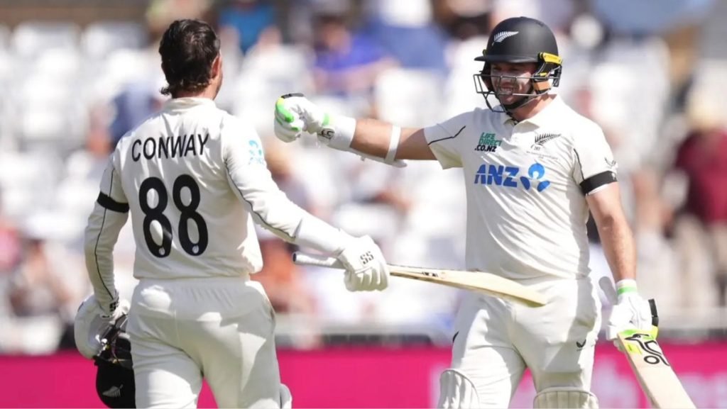 Devon Conway, left, and Tom Latham both made centuries on day one for New Zealand