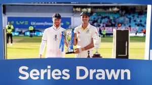 England captain Ben Stokes and Australia captain Pat Cummins with the shared trophy after drawing the 2023 Ashes series