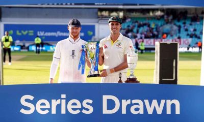 England captain Ben Stokes and Australia captain Pat Cummins with the shared trophy after drawing the 2023 Ashes series