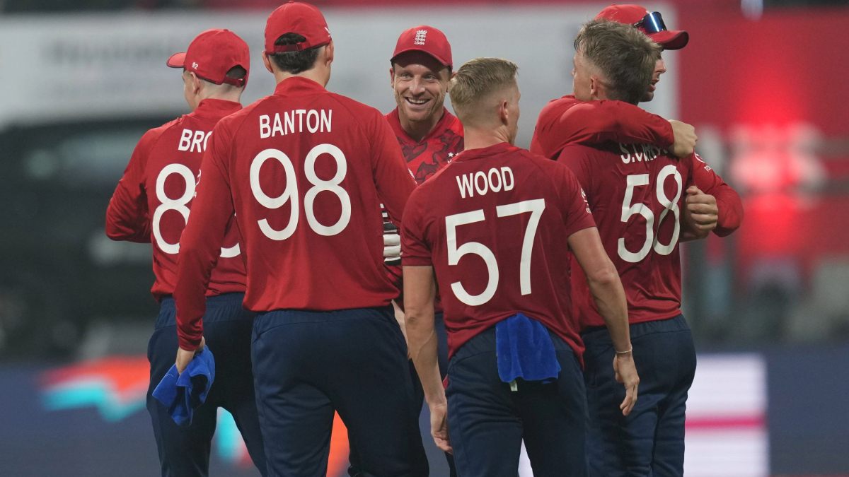 England players celebrate after winning against Nepal