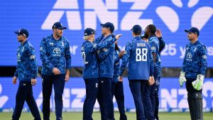 England players on the field in Hamilton
