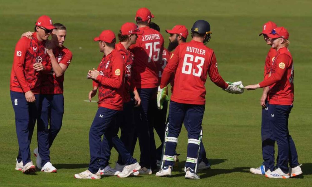 England’s Jordan Cox (right) celebrates with team mates, after catching out Ireland’s Ross Adair (not pictured) off the bowling of Rehan Ahmed (not pictured)