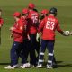 England’s Jordan Cox (right) celebrates with team mates, after catching out Ireland’s Ross Adair (not pictured) off the bowling of Rehan Ahmed (not pictured)
