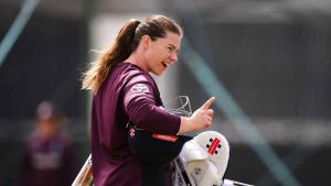 England's Tammy Beaumont walks away from a net session.