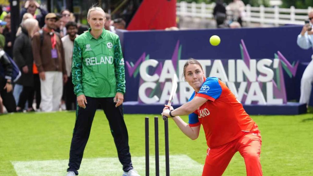 England captain Nat Sciver-Brunt hitting a ball while playing cricket on Waterloo Bridge, London, ahead of the ICC Women’s T20 World Cup 2026