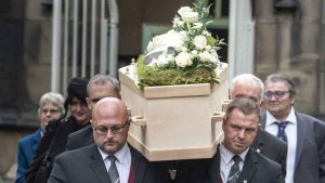 The coffin carrying former cricket umpire Dickie Bird is carried from St Mary’s Church, Barnsley, following his funeral service
