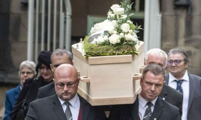The coffin carrying former cricket umpire Dickie Bird is carried from St Mary’s Church, Barnsley, following his funeral service
