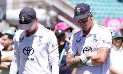 England’s Harry Brook (left) and Brydon Carse look dejected after defeat in the fifth Test