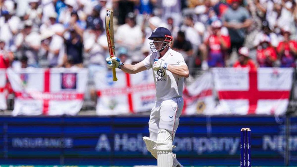 Harry Brook celebrates reaching his half century