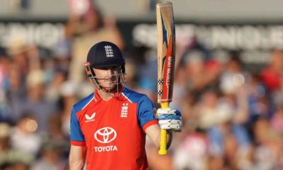 Harry Brook celebrates reaching 50 for England