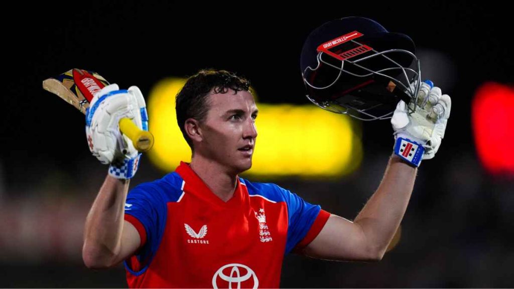 England captain Harry Brook takes the acclaim of the crowd after his unbeaten century.