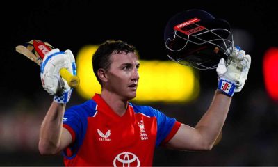England captain Harry Brook takes the acclaim of the crowd after his unbeaten century.