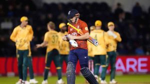England’s Harry Brook appears dejected after getting out